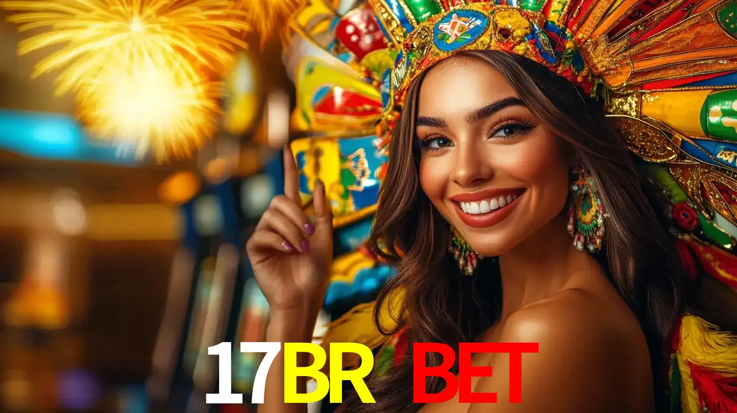 Mulher sorridente com um cocar de carnaval vibrante e colorido, celebrando uma grande vitória nos jogos do cassino 17BR BET com fogos de artifício ao fundo.