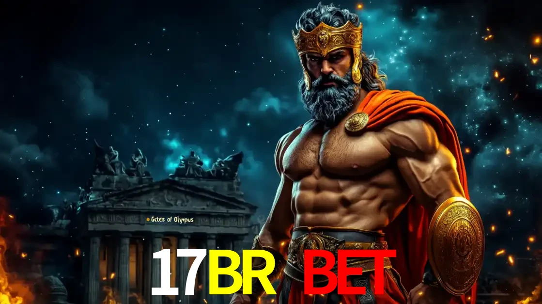 O poderoso Zeus do jogo de slot Gates of Olympus em frente ao seu templo, pronto para lançar multiplicadores divinos e prêmios épicos no cassino online 17BR BET.