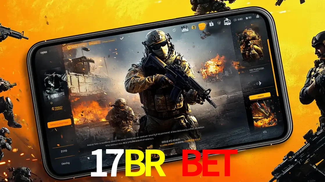 Um smartphone exibindo a interface de um jogo de tiro em primeira pessoa, com um soldado em um cenário de batalha, representando a ação dos e-sports para apostar no 17BR BET.