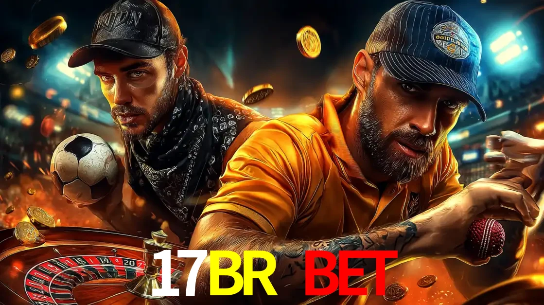 Montagem de apostas esportivas e cassino no 17BR BET, com um homem segurando uma bola de futebol e outro uma de beisebol sobre uma roleta e moedas voadoras.