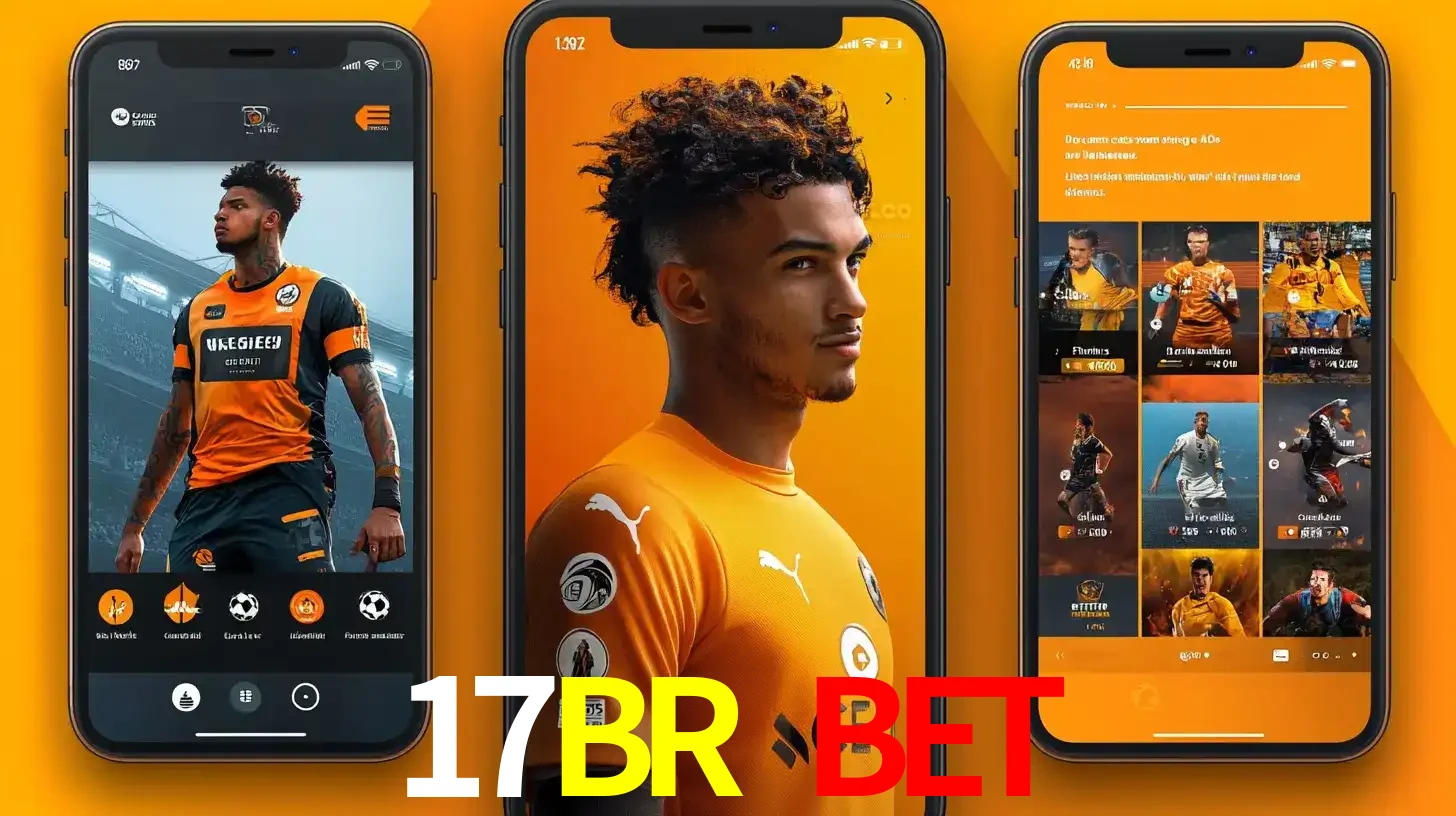 Interface do aplicativo de apostas esportivas 17BR BET em três telas de celular, mostrando o perfil de um jogador de futebol e a lista de jogos disponíveis para apostar.