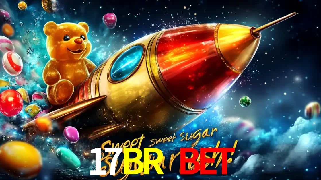 Arte promocional do jogo de slot Sugar Rush, com um urso de pelúcia em um foguete viajando pelo espaço de doces, um dos jogos divertidos disponíveis no cassino 17BR BET.
