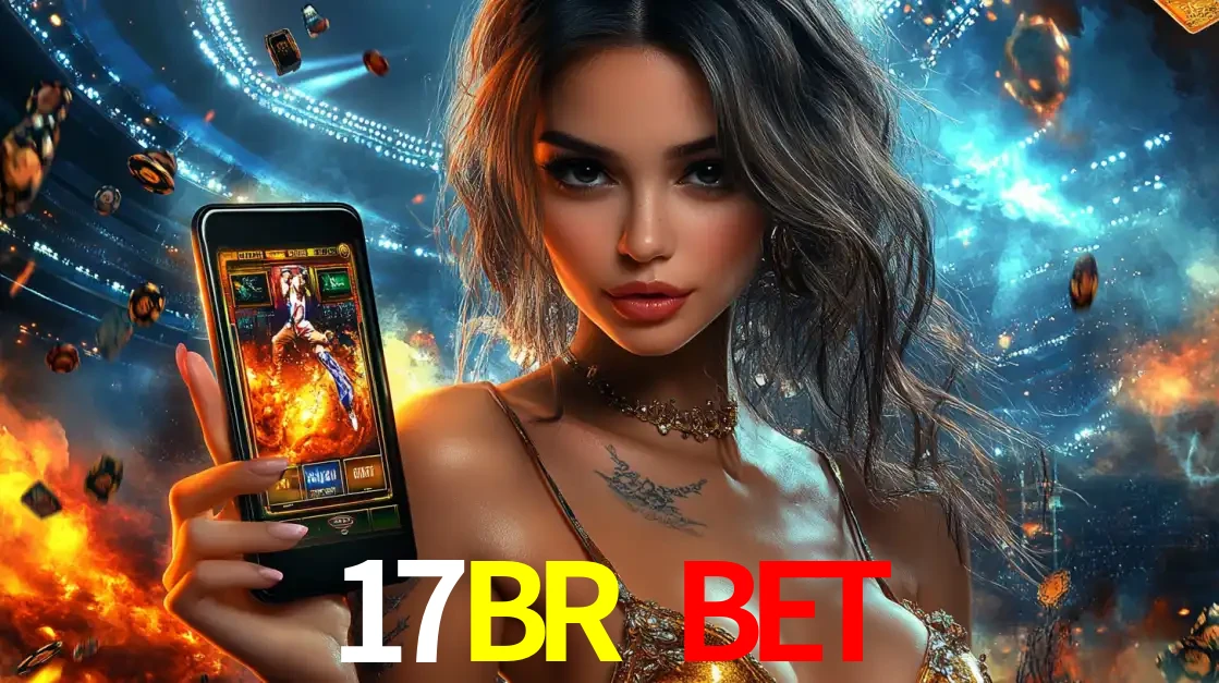 Mulher segurando um celular com um jogo de slot em destaque, tendo como fundo um estádio vibrante, simbolizando a emoção de jogar no cassino móvel 17BR BET.