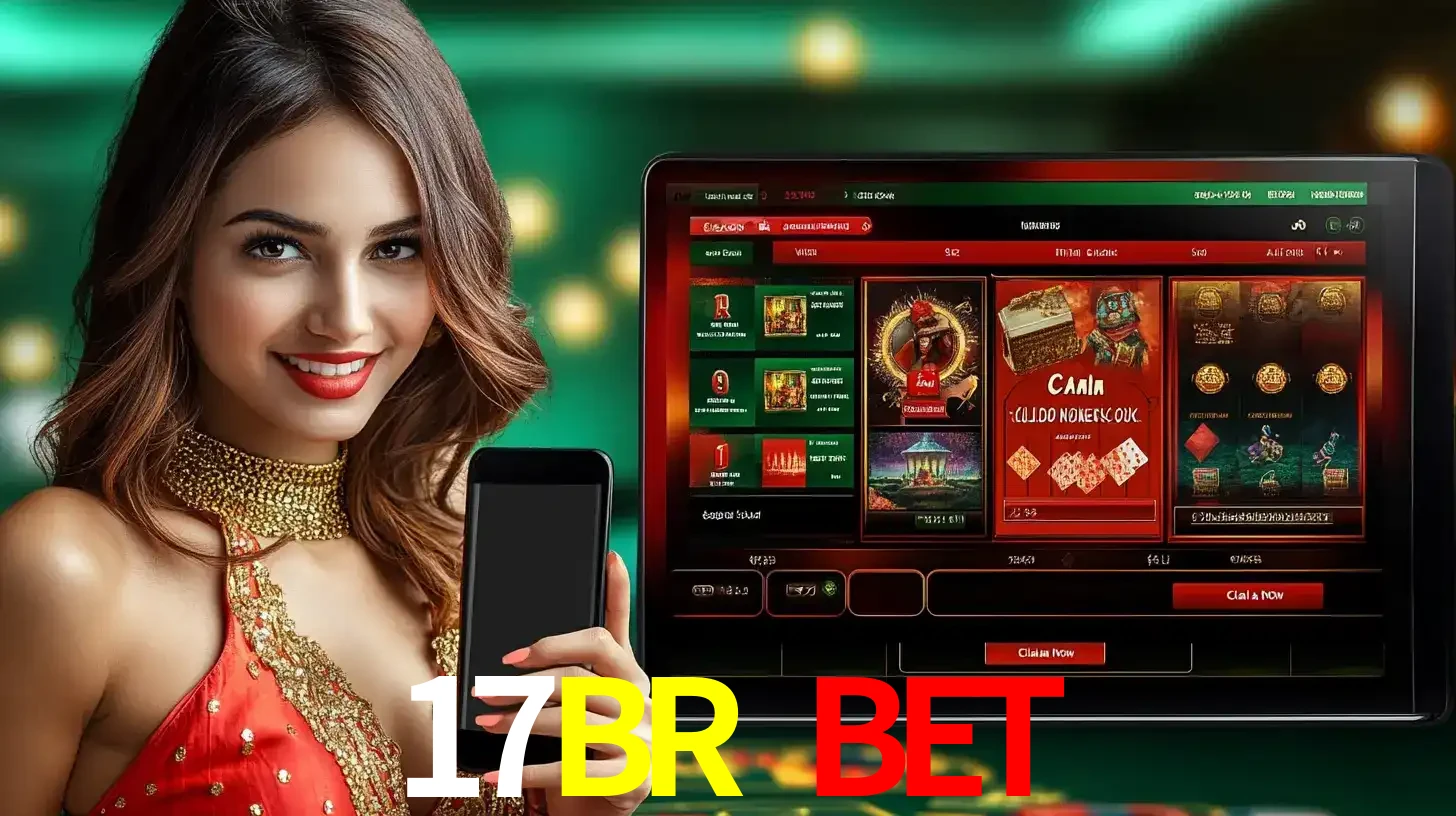 Mulher sorridente segurando um smartphone, ao lado de uma tela exibindo o lobby de jogos do cassino online 17BR BET, com várias opções de jogos de cartas e slots.